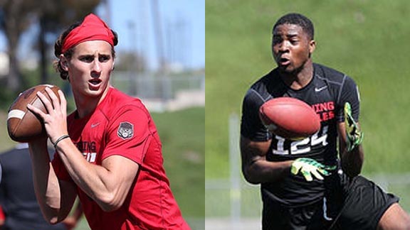 One of the top players from the San Gabriel Valley in the CIF Southern Section is Glendora QB Matt Fink (left) while one of the best from Long Beach/South Bay is WR/LB Davir Hamilton of Long Beach Poly. Photos: Tom Hauck/StudentSports.com.