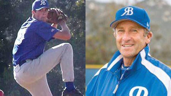 Cole Hamels (left) throws pitch while he attended Rancho Bernardo High of San Diego. He was a sophomore starter on 2000 team. Coach of that team and still winning titles at the school is head coach Sam Blalock (right). Photos: warroomphilly.com & Pomerado News.