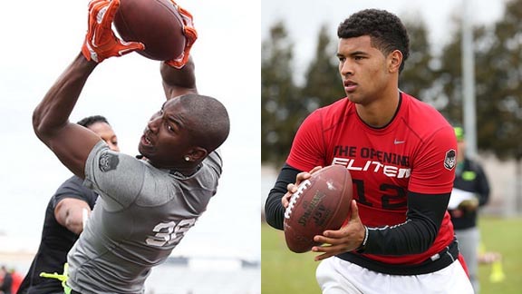 Theo Howard from Westlake of Westlake Village makes a fingertip catch at The Opening Oakland while QB Devon Modster from Tesoro of Las Flores participates in a QB drill. Photos: Tom Hauck/StudentSports.com.