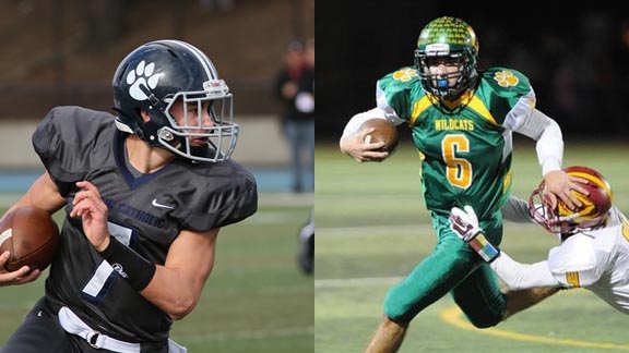 QBs on the run for teams we think may win section titles this season are Darius Peterson (left) of Marin Catholic and Sam Page (right) of Sonora. Photos: Bill Schneider/VarsityPix.com & blackhatfootball.com.