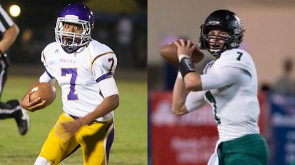 Looking to have big senior seasons are QBs Lawrence White (left) from Ridgeview of Bakersfield and Zach Taylor (right) from  Buena Park. Photos: centralvalleyfootball.com & Miguel Vasconcellos/OCSidelines.com.