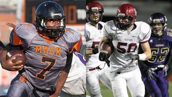 One of the leaders for 14-0 (on-the-field) McClymonds of Oakland last year was RB LaVance Warren while 15-1 St. Margaret's featured LB Dalan Cragun. Photos: Everett Bass & Hudl.com.