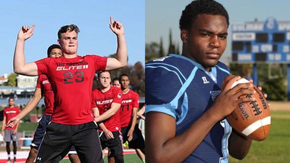 One of the top returning QBs in the San Diego Section is junior and Arizona commit Braxton Burmeister (left) of La Jolla Country Day. One of the best in the L.A. City Section, meanwhile, is Sylmar's Clarence Williams (right), who has been a standout since his sophomore season. Photos: Tom Hauck/StudentSports.com & Hudl.com.