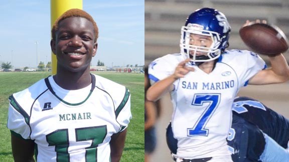 Two of this week's NorCal/SoCal honorees include WR Derrion Grim from Stockton McNair (left) and QB Carson Glazier (right) of San Marino. Photos: Mark Tenns & Hudl.com.