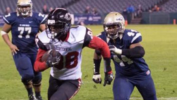 Corona Centennial WR Javon McKinley scores against St. John Bosco in last year's CIF Southern Section Pac-5 Division final. Photo: Josh Barber/OCSidelines.com.