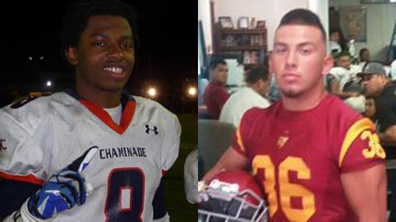 Dymond Lee (left) helped Chaminade win CIF Division 2 state bowl game title as a sophomore and has committed to UCLA. Raymond Caldera (right) of Oxnard rushed for 2,000 yards and was the Pacific View League Player of the Year because he also shined as a linebacker. Photos: Mark Tennis & @eriegert12/twitter.com.