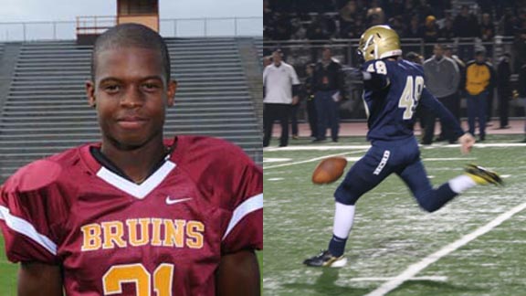 Two of this week's honorees are Kuron Nelson of Long Beach Wilson and Ryan Robards of Elk Grove. Nelson has had five interceptions in two weeks. Robards could have been chosen for offense, defense or special teams. Photos: lbwilsonfootball.com & berecruited.com.