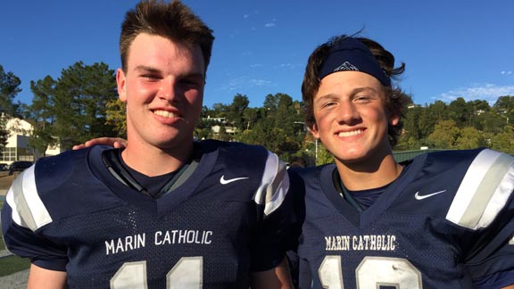 Two newcomers to D4 No. 4 Marin Catholic making contributions are DE/TE Sebastian Olver, a transfer from Australia where he played rugby and Australian rules football, and wide receiver Jack Hogeboom, a junior who caught 22 passes last season at Arroyo Grande. Photo: Harold Abend. 