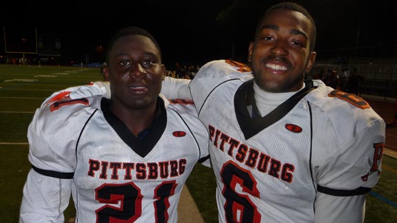 Running backs Montaz Thompson (left) and Isaiah Turner are both capable of piling up big yards for the Pittsburg offense. Thompson is a junior. Turner is a senior. Photo: Mark Tennis.