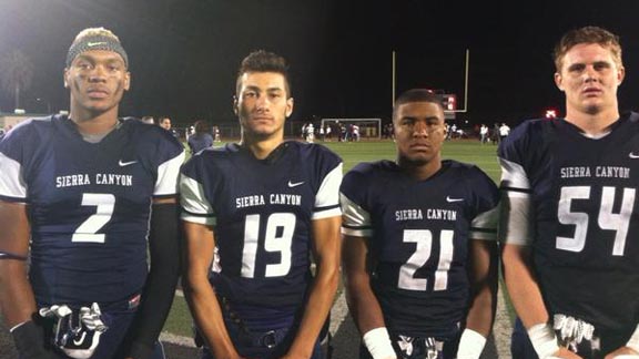 Four of the top players for new D4 state No. 1 Sierra Canyon are (l-r) Kohl Hollinquest, Niko Harris, Bobby Cole and Kanan Ray. Photo: @pollonpreps (Twitter.com).