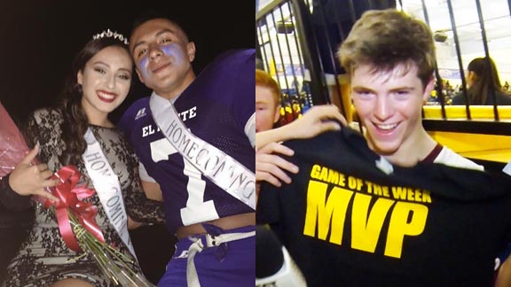 We've heard of guys being named Homecoming King and having a great game, but not quite like the one enjoyed by Roy Barajas of El Monte (left) last week. Another of the state's best this week is QB Mason Randall (right) of Sacred Heart Prep. Photos: Twitter.com & GetSportsFocus.com.