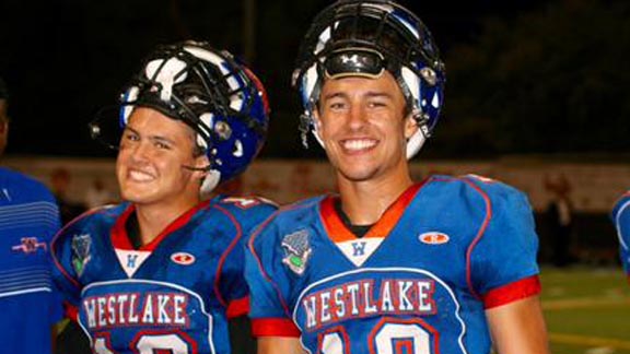 Westlake QB Grant Bunker and teammate Vincent Corso have been smiling a lot this season despite head coaching change at their school. Photo: Twitter.com.