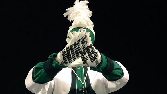 Even the drum major of the De La Salle band can show the school's apparel sponsorship. Photo: @DLSCHSBands.