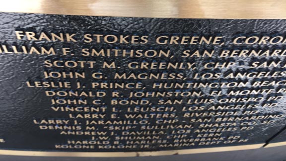 The name of Frank Stokes Greene appears on the Police Officer's Memorial near the State Capitol building in Sacramento. Photo: Mark Tennis.
