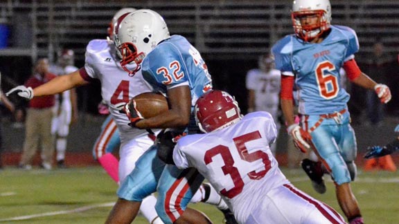 Nathan McCullough of El Cajon Valley churns for yardage during game from this season. He's already over 1,000 yards rushing so far. Photo: EastCountySports.com.