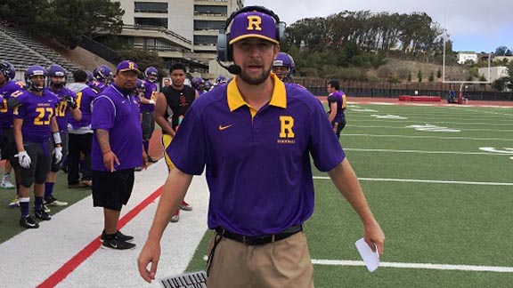 Riordan head coach Kevin Fordon had his team ready for last Saturday's game vs. Serra of San Mateo at City College of San Francisco. Photo: Harold Abend.