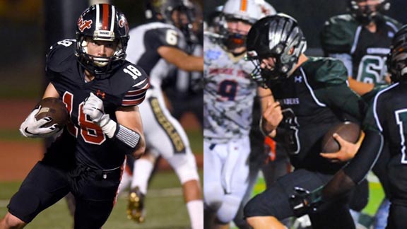 Two of this week's honorees are A.J. Stanley (left) from Hart of Newhall and Jack Rice from St. Bernard's of Eureka. Photos: HartIndiansFootball.com & Rob Graham/ETSN.fm.
