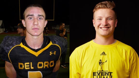 Two of this week's NorCal/SoCal honorees are Mason Hurst of Del Oro and Kevin Boermeester from Cathedral Catholic of San Diego. Photos: Mark Tenns & chrissailerkicking.com.