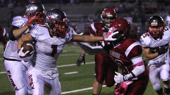 QB Luis Ramos (1) has helped Clayton Valley pile up more big rushing totals this season, along with RB Ray Jackson III. Jackson had 268 yards last week. Photo: Jason Rogers.