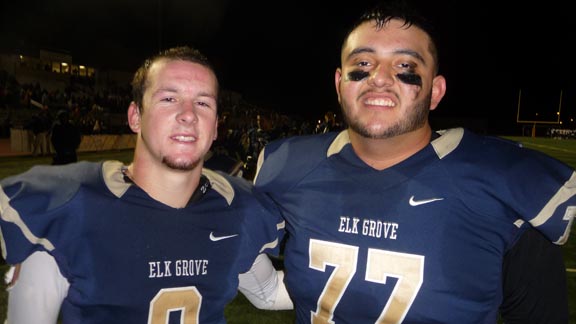 Elk Grove RB Ryan Robards (who now has 50 TDs this season) runs behind an outstanding offensive line, including senior Diego Cervantes. Photo: Mark Tennis.