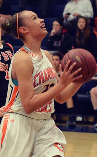 USC-bound Valerie Higgins drives the lane for Chaminade in game last season. Photo: chaminadenews.org.