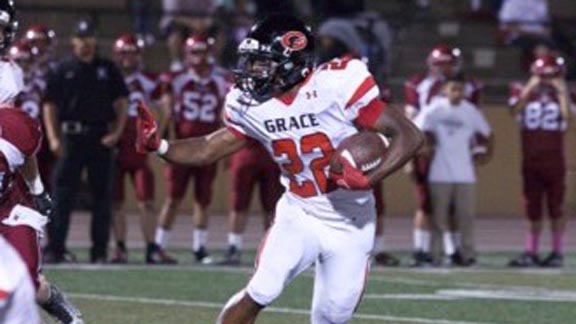 Zikel Reddick piled up 336 yards rushing for unbeaten Grace Brethren in CIF Southern Section East Valley Division playoff game. Photo: riverheadlocal.com.