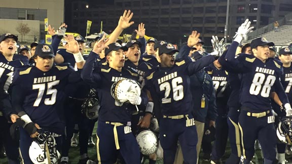 Central Catholic of Modesto players were quick to raise four fingers after CIF Small Schools Open Division bowl game win over San Marino. Photo: Mark Tennis.