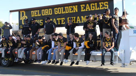 Players and coaches from No. 23 Del Oro of Loomis were taken through town on a float during a parade earlier this week. Photo: @wendyosully/Twitter.com.