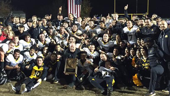 Players and coaches from Del Oro of Loomis collect NorCal D2AA plaque in Bakersfield after last-second win over Liberty. Photo: @DelOroFootball.