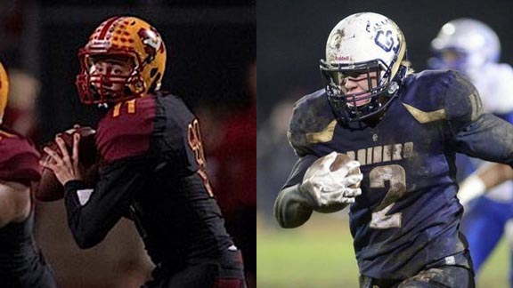 Two of this week's honorees are Brock Johnson (left) of Mission Viejo and Justin Rice from Modesto Central Catholic. Photos: Miguel Vasconcellos/OCSidelines.com & BlackHatFootball.com.