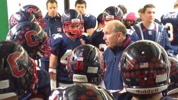 Campolindo head coach Kevin Macy talks to team before it hit field for Friday's CIF North Coast Section 3A final vs. Analy of Sebastopol. Campo won 38-28. Photo: SportStars Magazine.