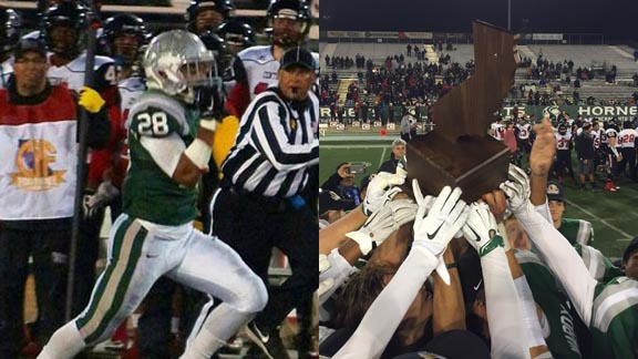 Antoine Custer's 63-yard TD run (left) helped De La Salle's players swarm around another CIF state title trophy last Saturday. Photos: Phillip Walton/SportStars & Paul Muyskens.