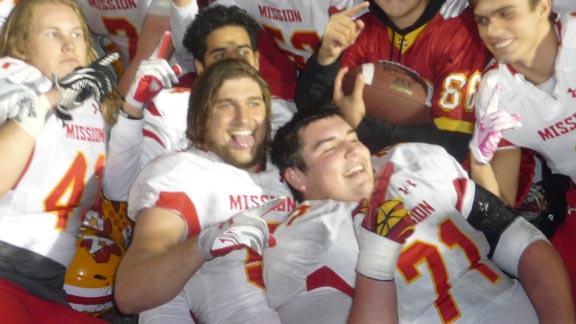 Zack Aylor (71) and others from Mission Viejo's offensive line had a lot to be happy about the way the CIF Southern Section West Valley final ended on Friday. Photo: Mark Tennis.