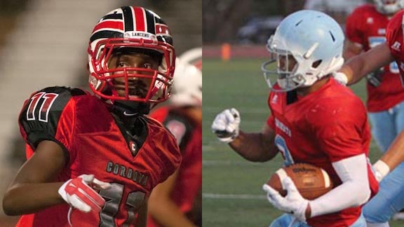 Two of the top NorCal skill players in 2015 were WR Devin Baldwin of Cordova and RB Cameron Taylor of San Mateo Hillsdale. Baldwin nearly broke state single-season receiving yardage record. Taylor already has received honors from the San Jose Mercury-News and San Francisco Chronicle. Photos: James K. Leash/SportStars & hillsdaleathletics.com.