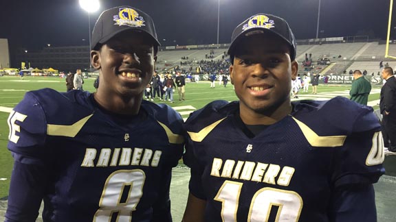 Cousins DaRon Bland (left) and Montell Bland from CIF Small Schools Open Division champion Central Catholic of Modesto both gained all-state junior recognition. Photo: Mark Tennis.