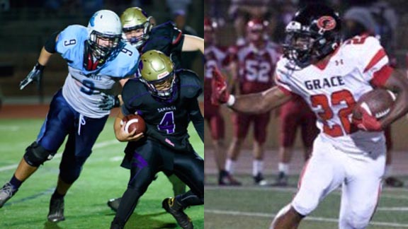 All-state nominee Jacob Burton (left) from Granite Hills of El Cajon, who has just committed to UCLA, prepares to tackle ball carrier. Running back Zikel Reddick of Grace Brethren (Simi Valley) gets ready for stiff-arm. Photos: eastcountysports.com & riverheadlocal.com.