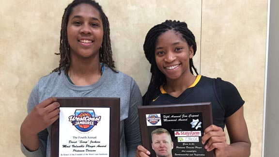 Long Beach Poly's Ayanna Clark (left) and Bishop O'Dowd's Myah Pace (right) both collected hardware at the West Coast Jamboree and both made it to first team all-state juniors. Photo: Harold Abend. 