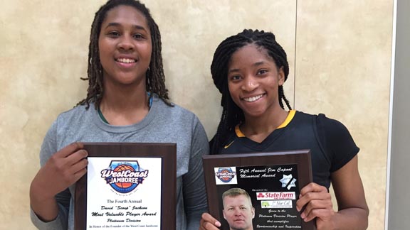 Long Beach Poly's Ayanna Clark (left) and Bishop O'Dowd's Myah Pace (right) both collected hardware at the West Coast Jamboree and both made it to first team all-state juniors. Photo: Harold Abend.