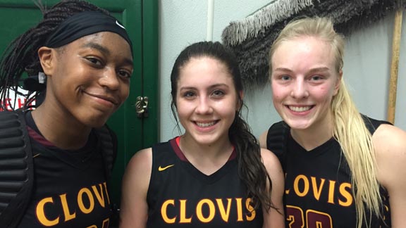 Clovis West juniors Briona Sanders, Sarah Bates and Megan Anderson all had strong showing in team's win Monday in Stockton vs. Cardinal Newman. Photo: Mark Tennis.