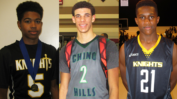 Ethan Thompson, Lonzo Ball and David Singleton will be just three of the many top young players on the court for the Saturday showdown between No. 1 Chino Hills and No. 2 Bishop Montgomery. Photos: Ronnie Flores.