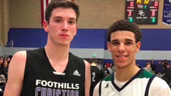 Future UCLA teammates T.J. Leaf of Foothills Christian and Lonzo Ball of Chino Hills paused for photo prior to memorable matchup last Saturday night. Photo: EastCountySports.com.
