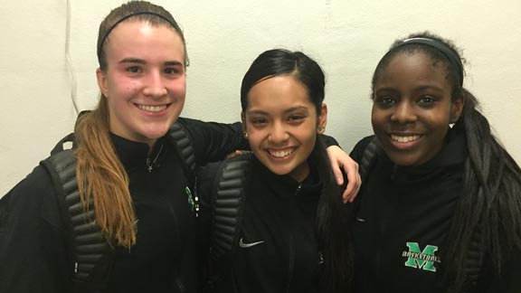 Miramonte players Sabrina Ionescu, Keanna Delos Santos and Uriah Howard have been together for four years and were happy after win vs. Mater Dei. Photo: Mark Tennis.