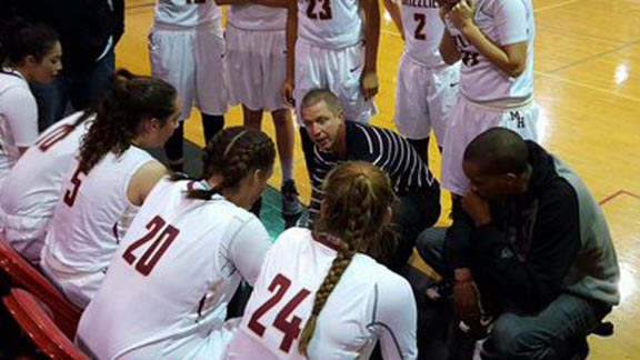 Head coach Chris Kroesch instructs girls at Mission Hills, which won big game last week vs. Torrey Pines behind 43 points from Khayla Rooks (20). Photo: @mhhsgrizbball/Twitter.com.