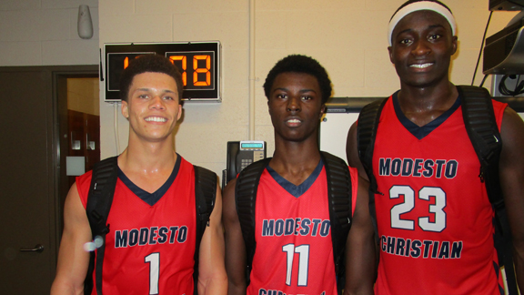 Trio of Christian Ellis (senior), Tyler Williams (sophomore) and Robinson Iheden (senior) have helped Modesto Christian to top ranking for Northern California. Photo: Ronnie Flores.
