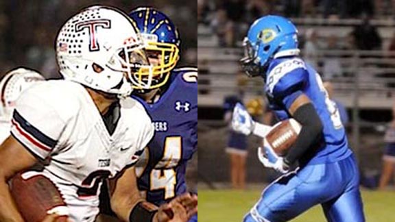 Two of the best from the CIFSS were QB Devon Modster of Tesoro and RB Sultaan Sullivan of Serrano. Modster passed for 305 yards per game. Sullivan rushed for 3,209 yards in 14 games. Photos: Josh Barber/OCSidelines.com & Twitter.com.