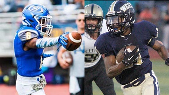 Two NorCal all-state candidates include WR Brandon Monroe (San Mateo Serra) & RB Marcel Dancy (West, Tracy). Photos: Courtesy family & elitetrainingacademy.com.