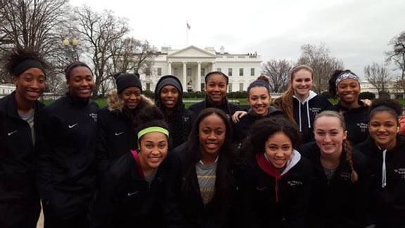 The nation's No. 1 girls basketball team from Stockton St. Mary's recently visited the sites at the nation's capital where it won third tourney of season. Photo: Twitter.com.