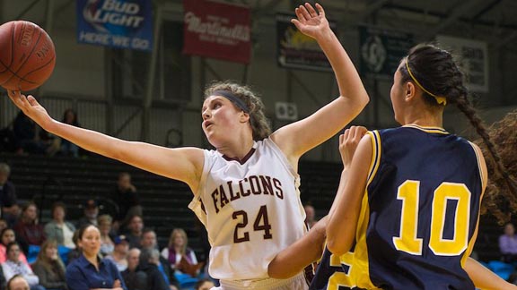 Sam Boyle of Scotts Valley looks to grab ball during game last season. She was reported with 19 blocked shots in a triple-double from last week. Photo: Eric Fingal