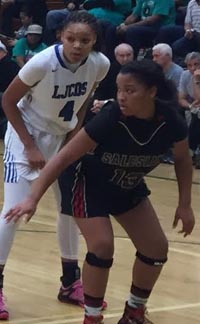 Alaysia Styles of La Jolla Country Day and Sydni Stewart of Richmond Salesian wait for free throw during MLK Showcase in Stockton. Photo: Mark Tennis.