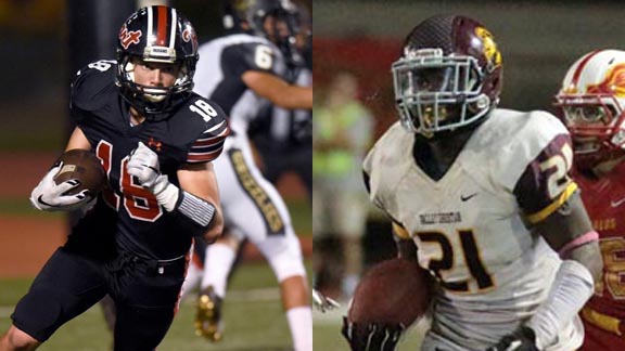Two state leaders for single-game highs during 2015 would be A.J. Stanley of Newhall Hart (tied for first with five interceptions) and Gianni Hurd of Cerritos Valley Christian (tied for first with seven TDs scored). Photos: hartindiansfootball.com & valleychristianathletics.net.